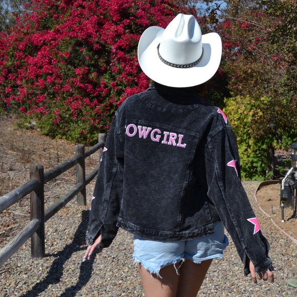 Black and Pink Star Corduroy Western Cowgirl Jacket, Country Jacket - Picture 7 of 10